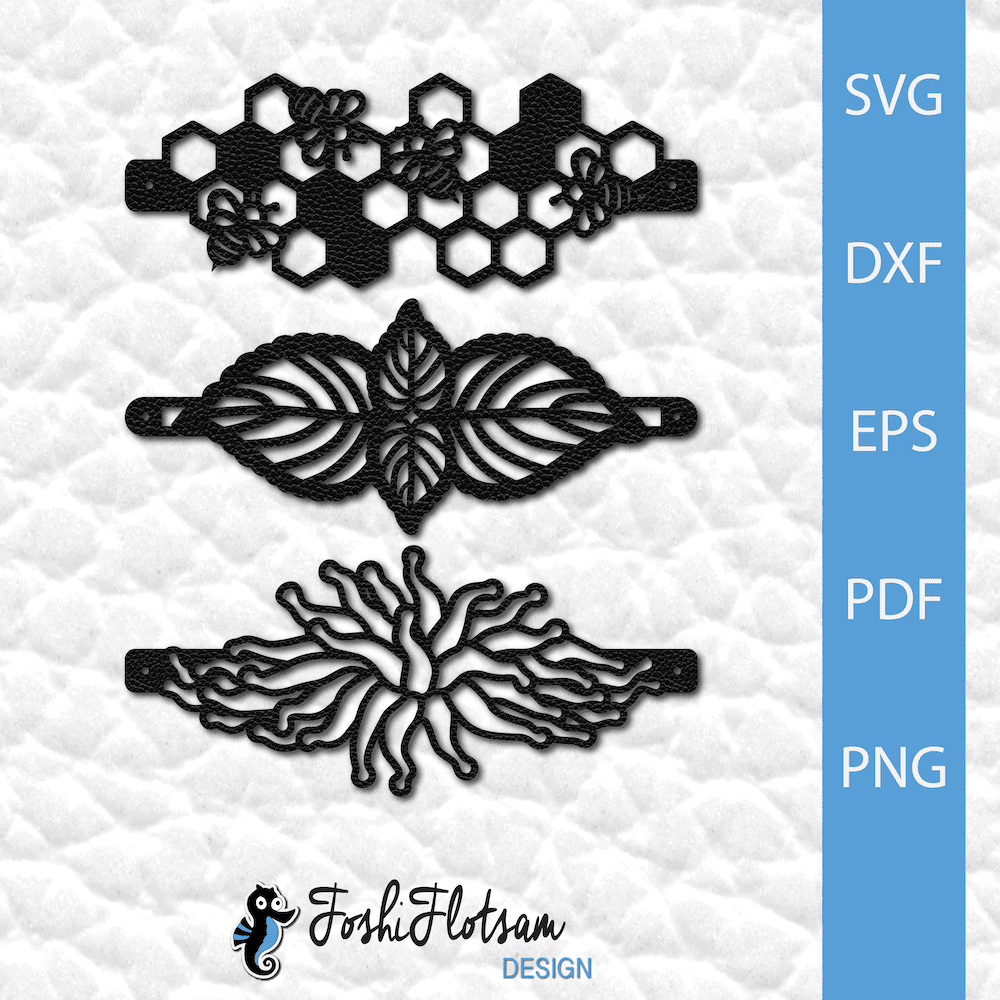 Bracelet SVG - Bumblebee SVG bracelet bundle 3 bumblebee bracelet SVG cut file designs featuring a bumblebee honeycomb design, a leaf design, and a sea anemone design.